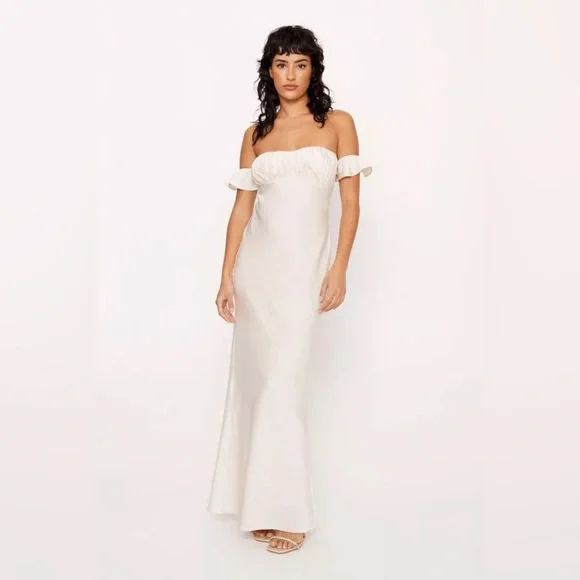 knee length dresses for ladies Bardot Ruched Mesh Maxi Dress in Black